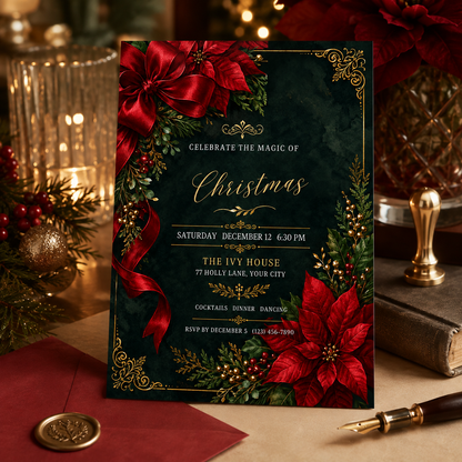 Poinsettia Christmas invitation on a table with a pen and wax seal