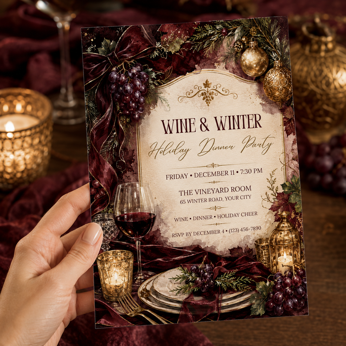 Hand holding a Wine and Winter holiday dinner party invitation
