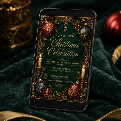 Jewel-toned Christmas invitation shown on a phone