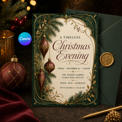 Timeless Christmas Evening invitation with green envelope
