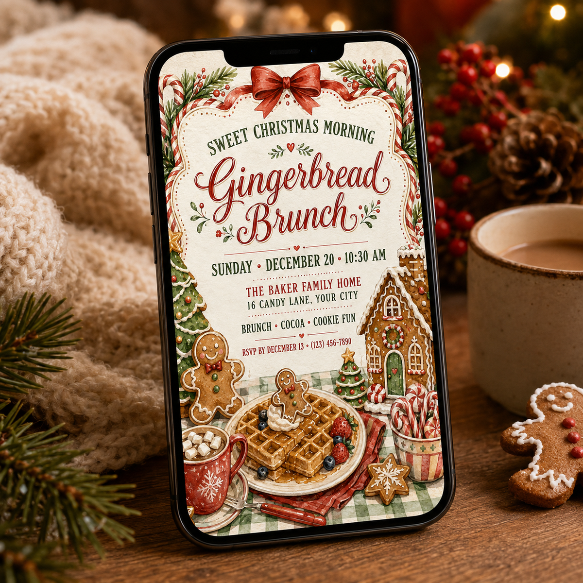 Gingerbread Brunch invitation shown on a phone