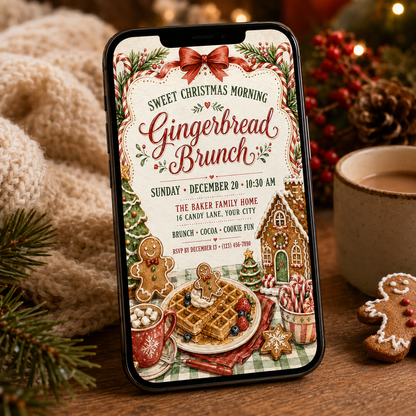 Gingerbread Brunch invitation shown on a phone