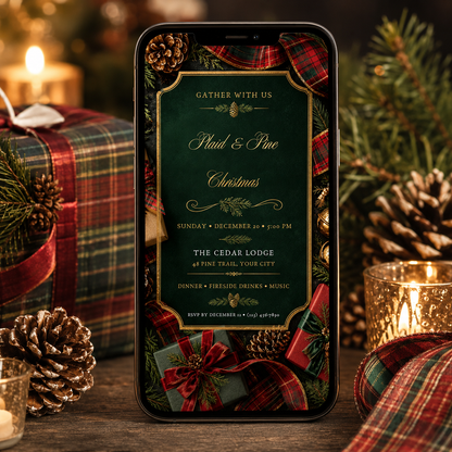 Plaid and Pine Christmas invitation shown on a phone