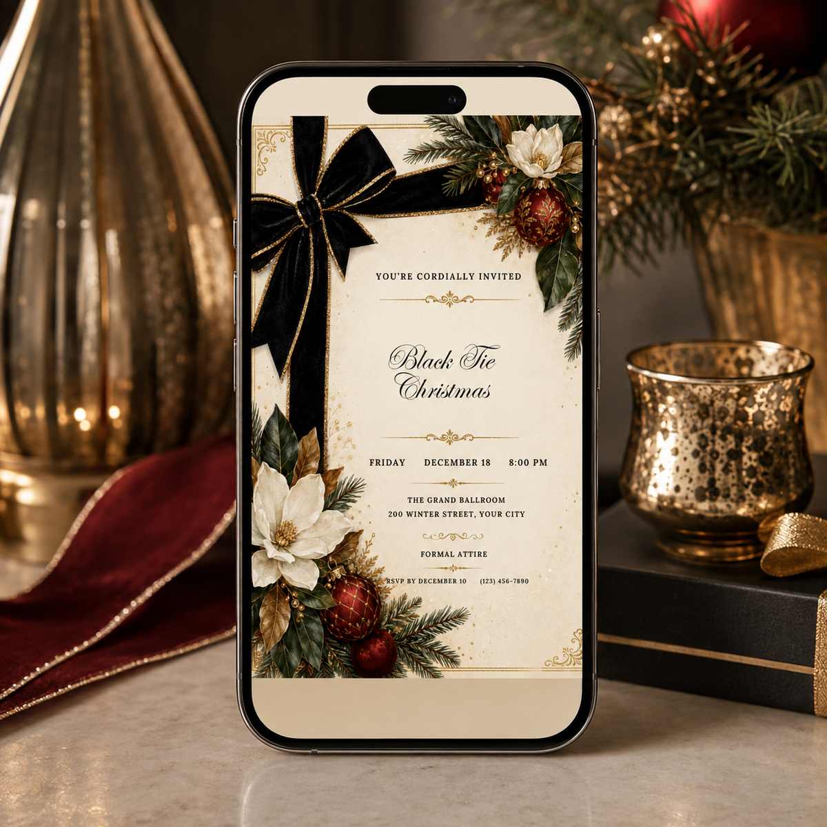 Black Tie Christmas invitation shown on a phone