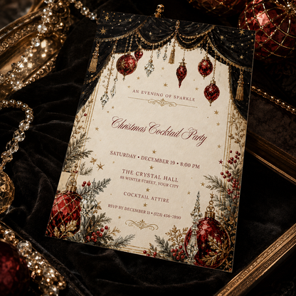 Christmas Cocktail Party invitation on a dark table with ornaments