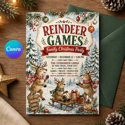 Reindeer Games invitation with green envelope