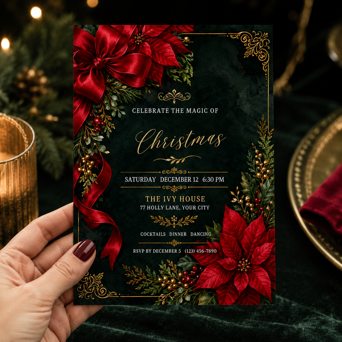 Hand holding a green poinsettia Christmas party invitation