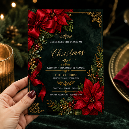 Hand holding a green poinsettia Christmas party invitation