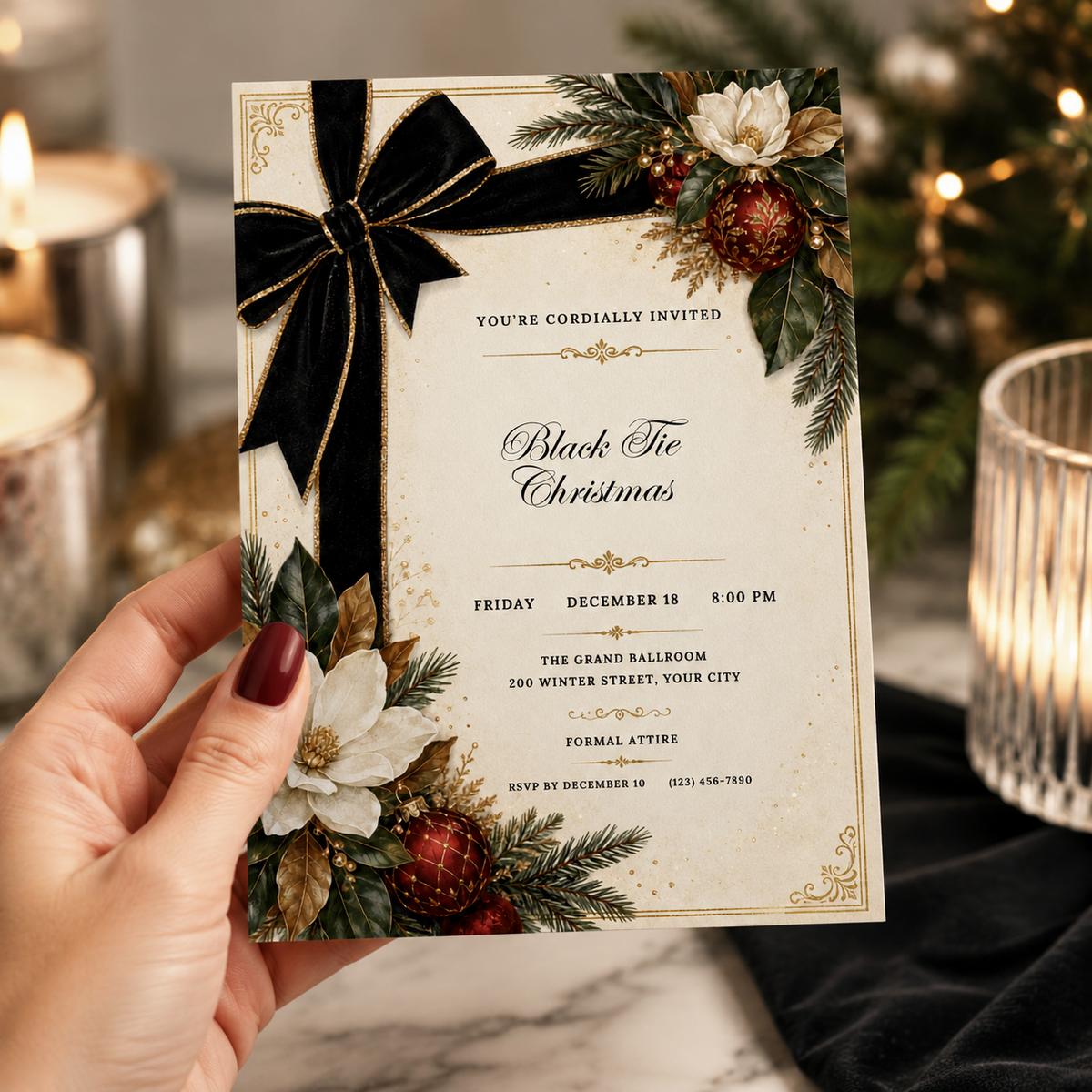 Hand holding a Black Tie Christmas party invitation with a black bow