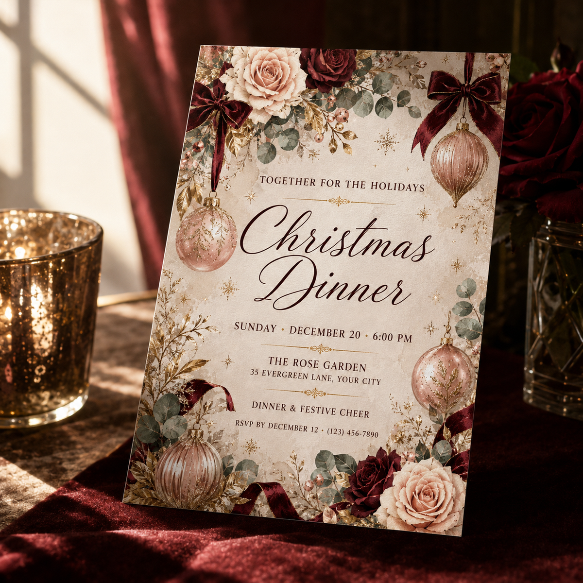Floral Christmas dinner invitation on a table with velvet and candles