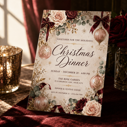 Floral Christmas dinner invitation on a table with velvet and candles