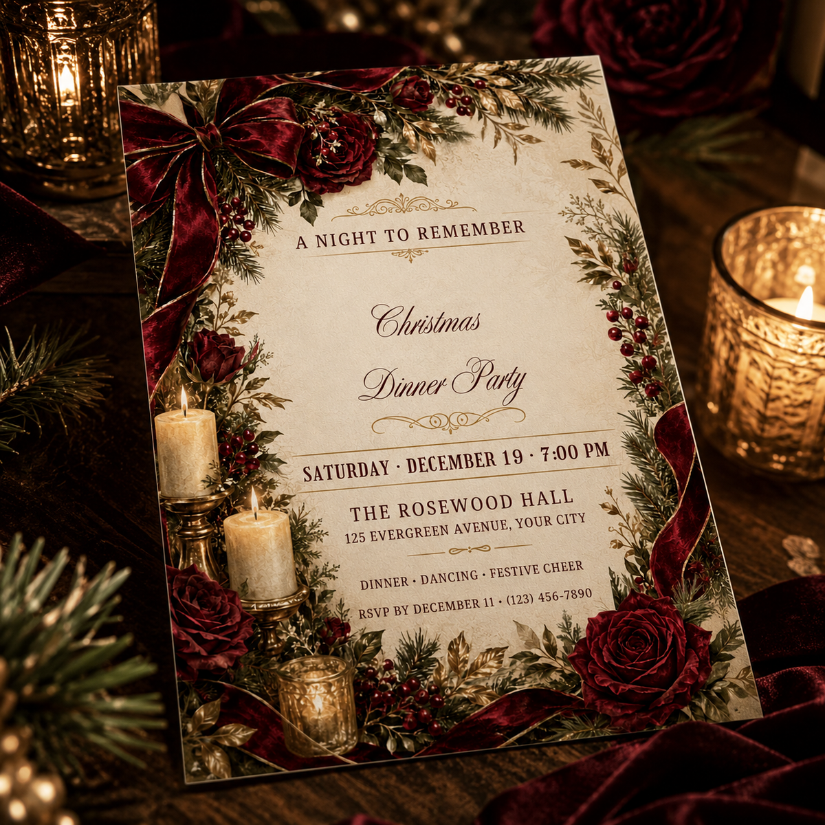 Christmas dinner party invitation on a table with roses and candles