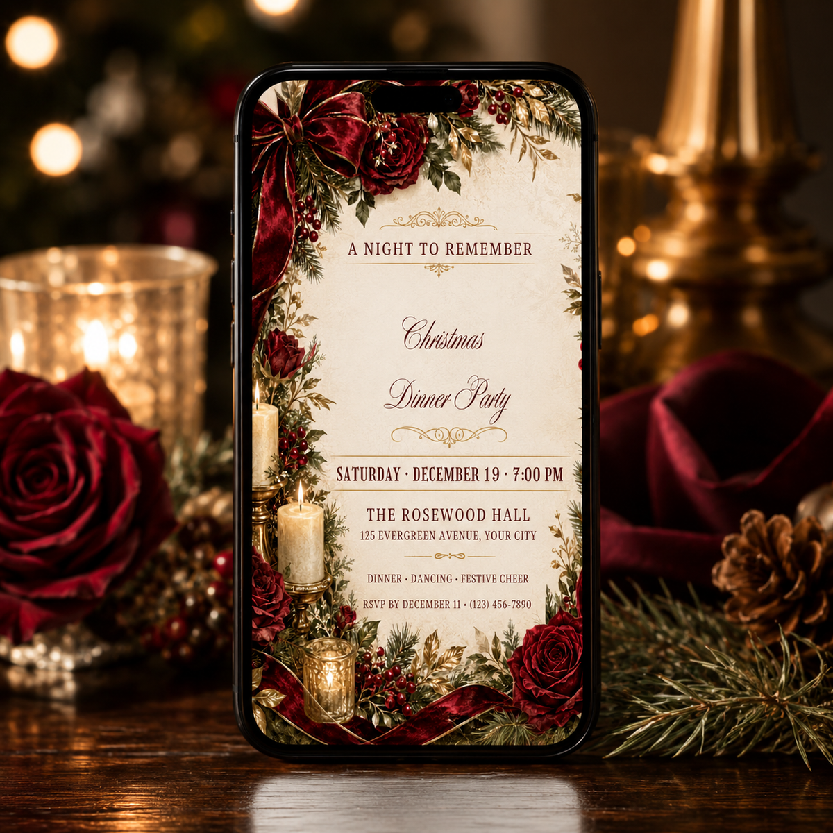 Burgundy Christmas dinner party invitation shown on a phone