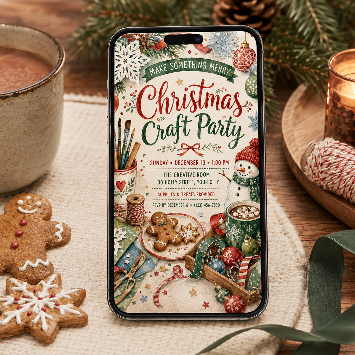 Christmas Craft Party invitation shown on a phone