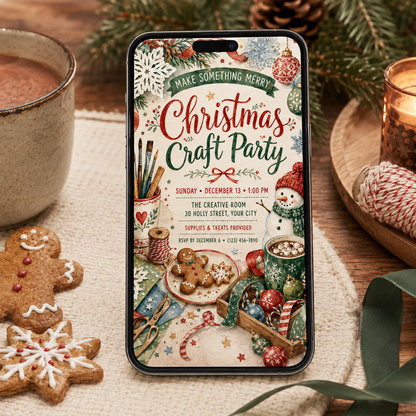 Christmas Craft Party invitation shown on a phone