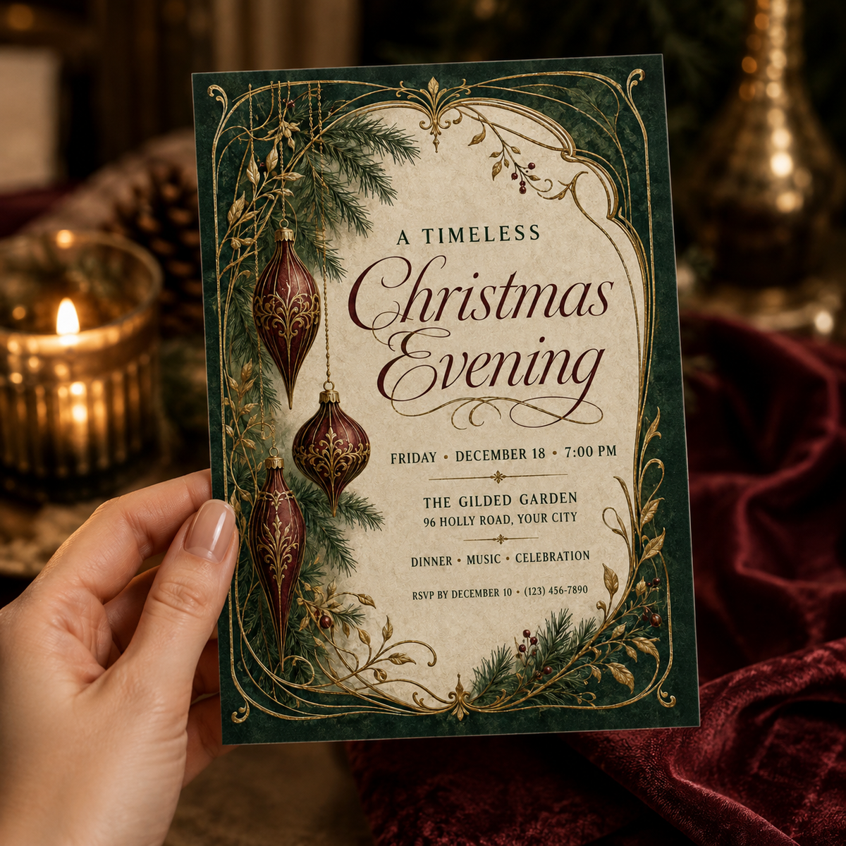 Hand holding an emerald Timeless Christmas Evening invitation