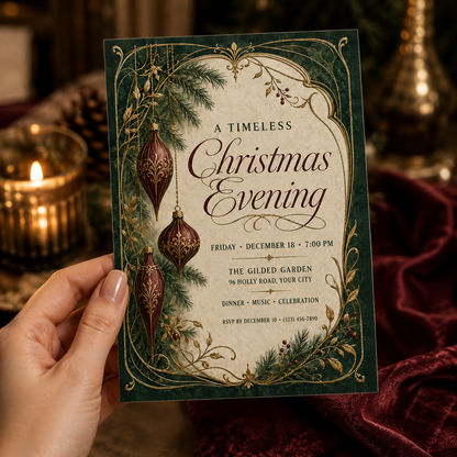Hand holding an emerald Timeless Christmas Evening invitation