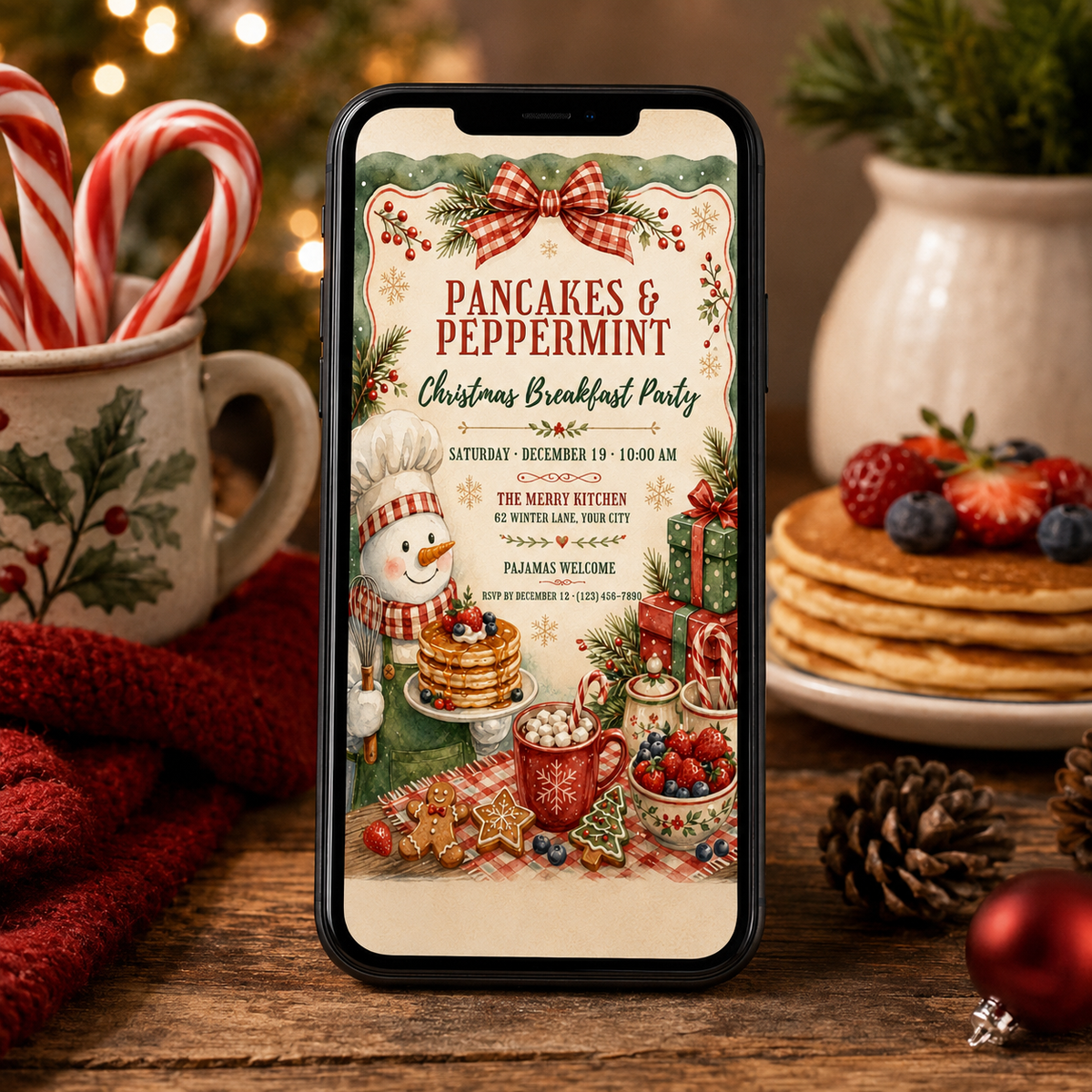 Pancakes and Peppermint invitation shown on a phone