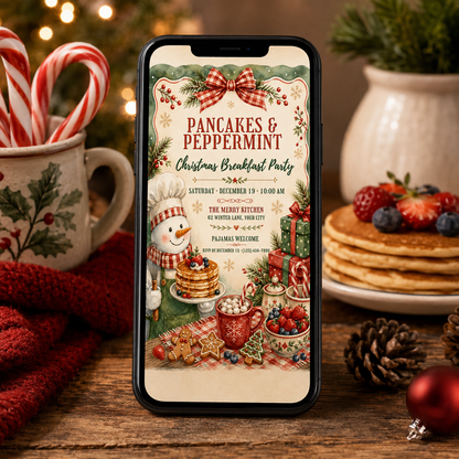 Pancakes and Peppermint invitation shown on a phone