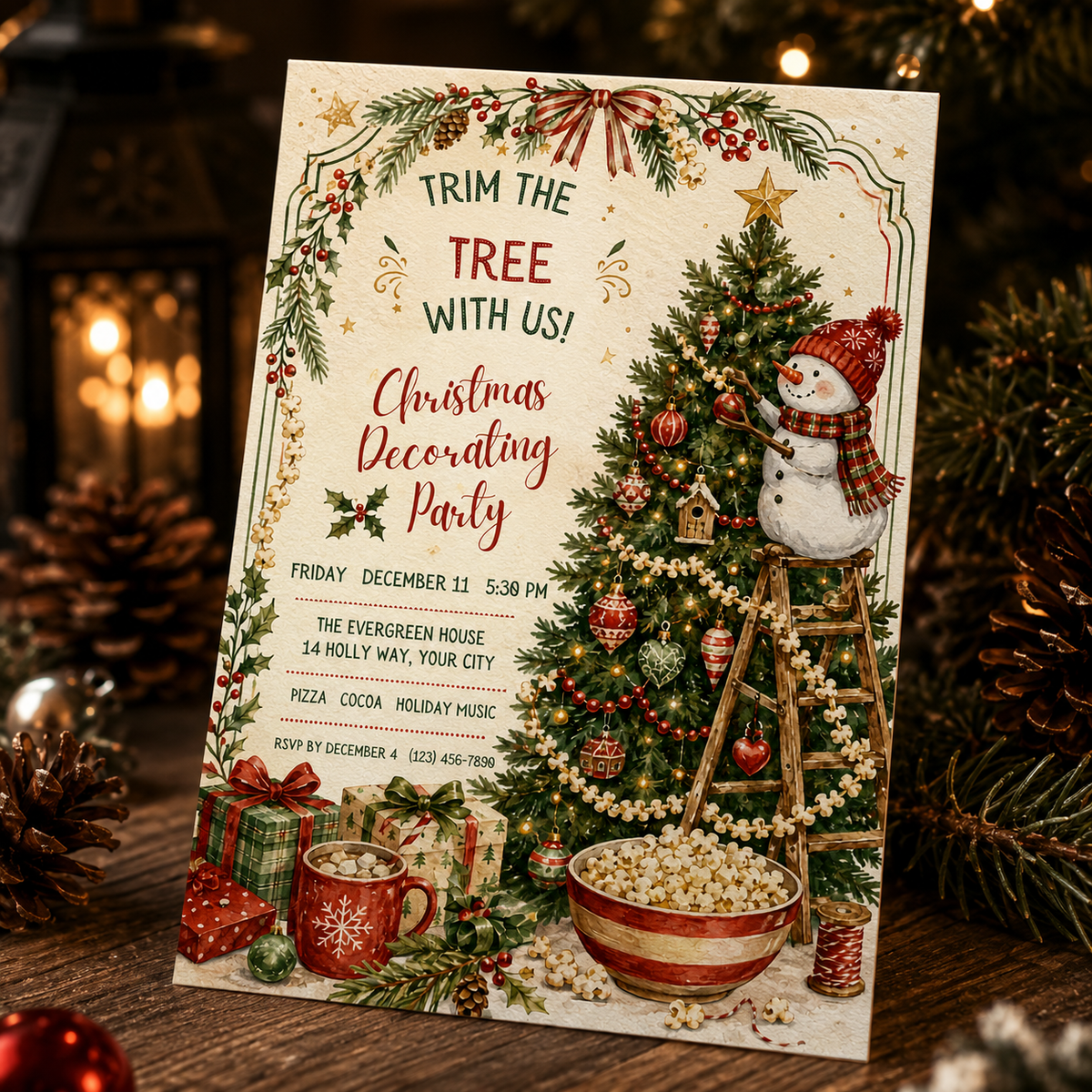 Christmas decorating party invitation on a table with pine and candles