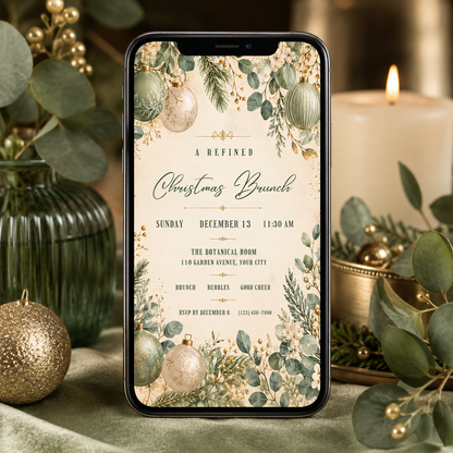 Sage Christmas brunch invitation shown on a phone