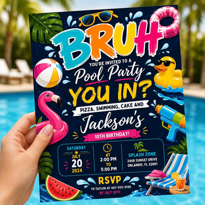 Editable Pool Birthday Invitation Canva Template, Boys Teens Pool Cute Modern Fun Themed DIY Sweet Party Invite, Printable Digital Download.