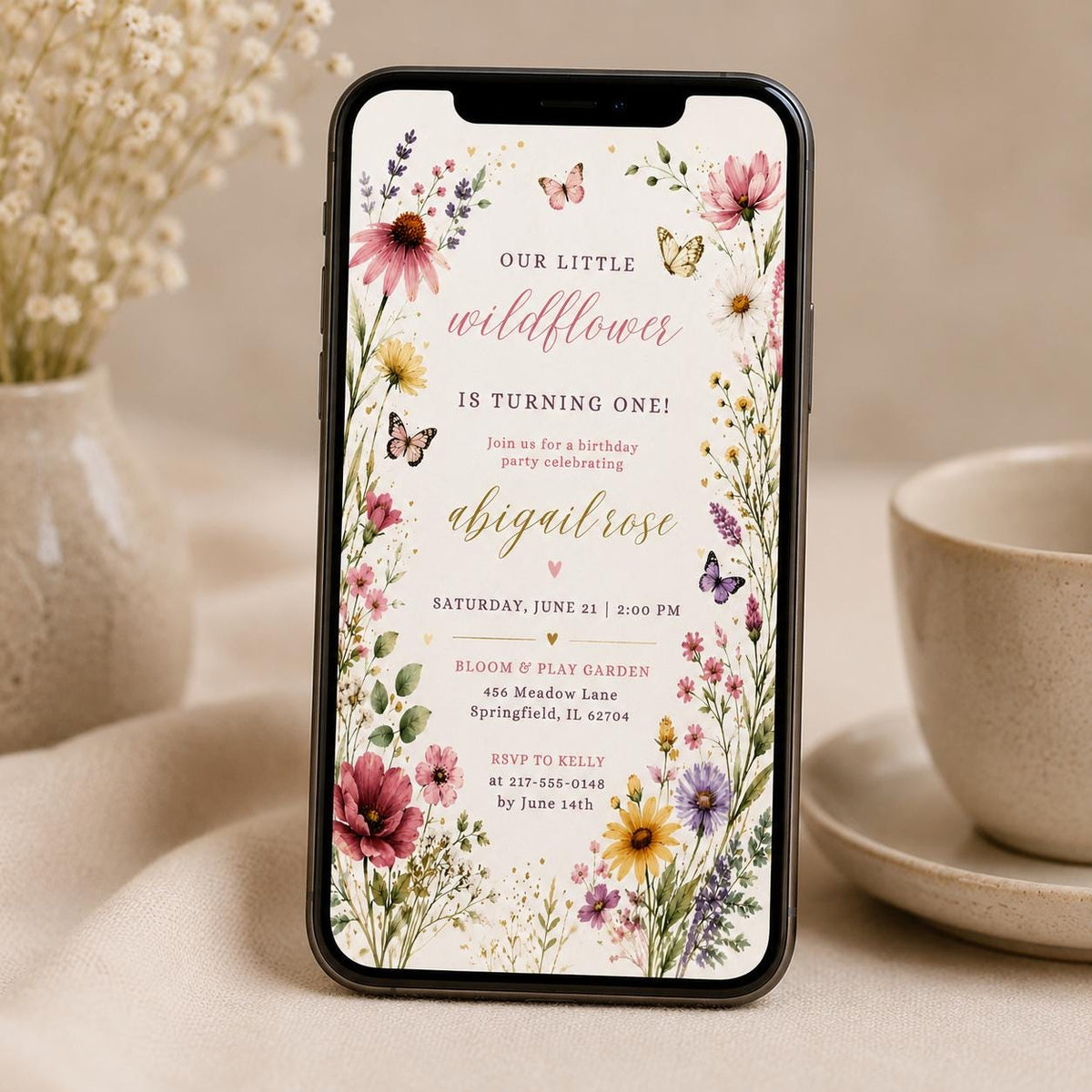 Editable Wildflower Birthday Invitation Canva Template, Floral Girls Kids Cute Modern Fun DIY Chic Party Invite, Printable Digital Download.