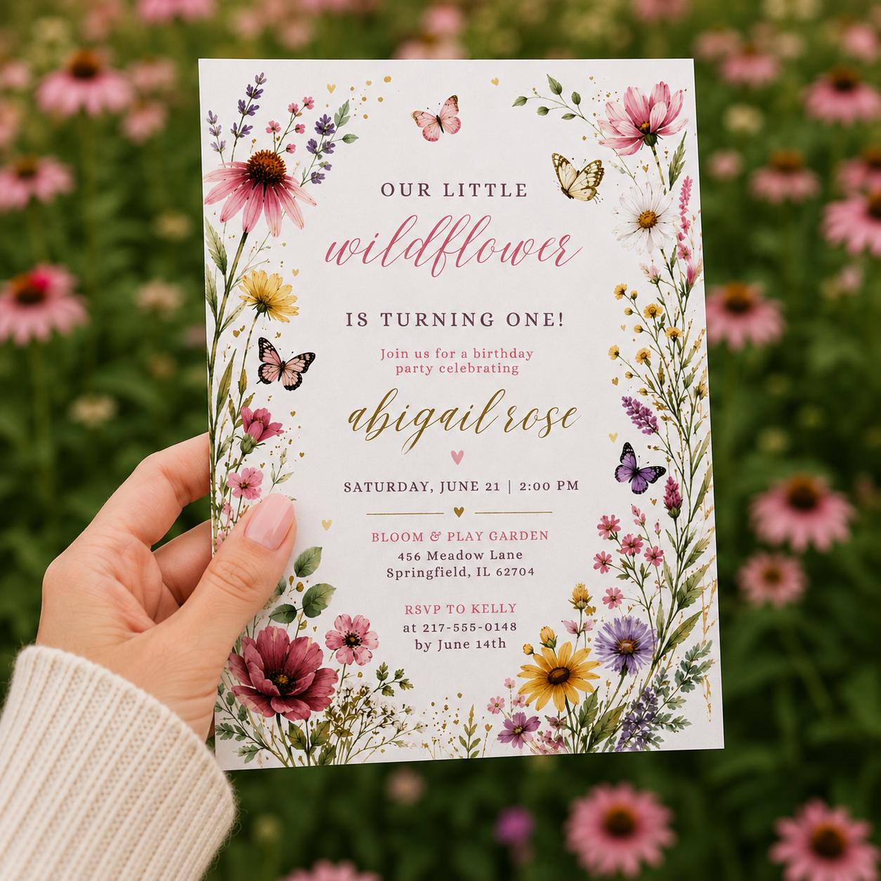 Editable Wildflower Birthday Invitation Canva Template, Floral Girls Kids Cute Modern Fun DIY Chic Party Invite, Printable Digital Download.
