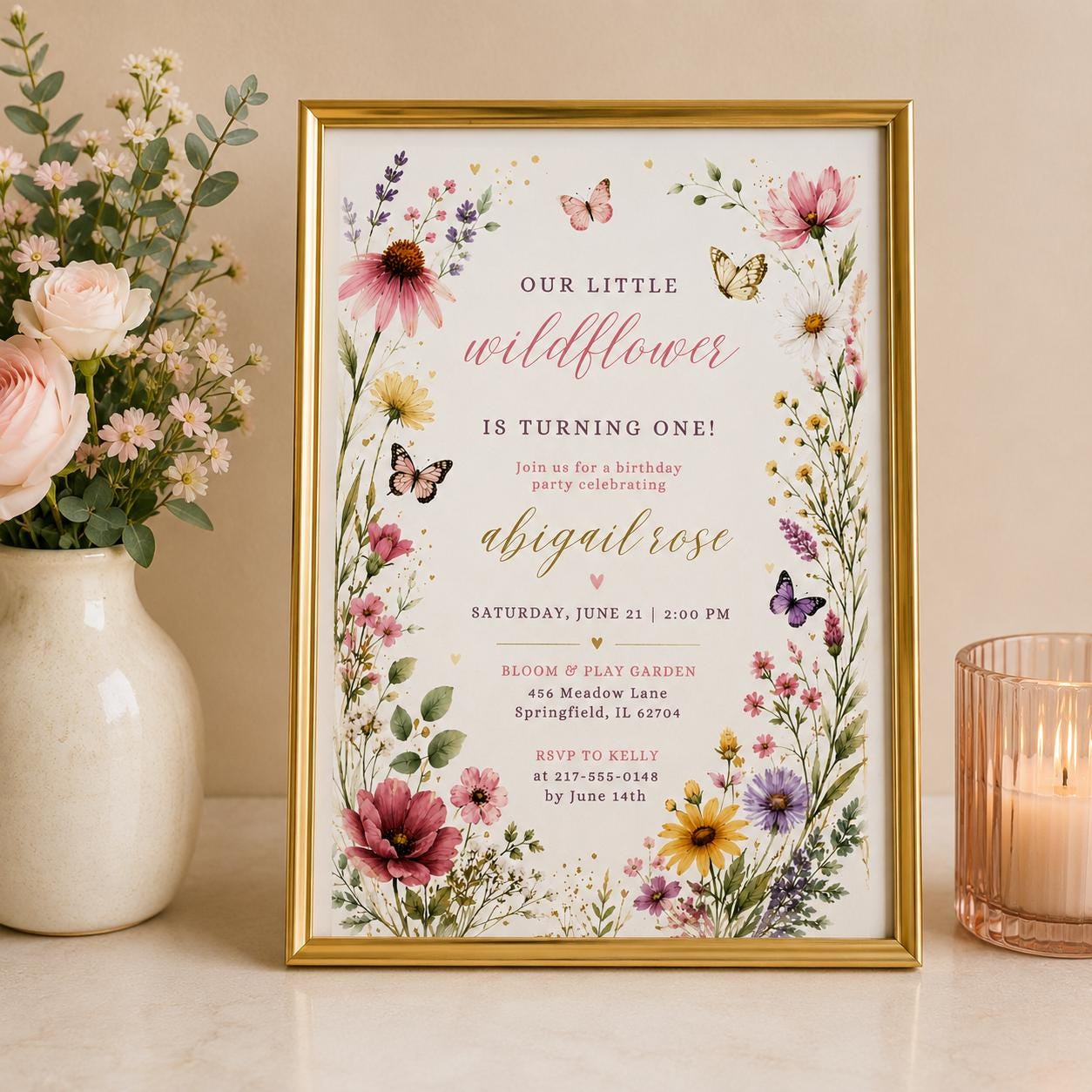 Editable Wildflower Birthday Invitation Canva Template, Floral Girls Kids Cute Modern Fun DIY Chic Party Invite, Printable Digital Download.