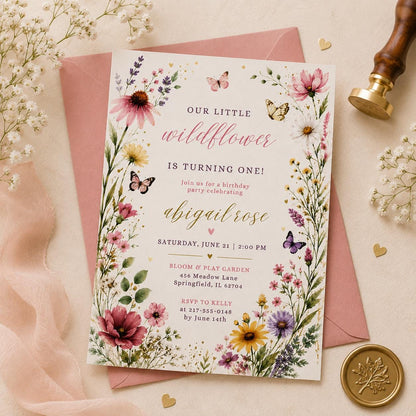 Editable Wildflower Birthday Invitation Canva Template, Floral Girls Kids Cute Modern Fun DIY Chic Party Invite, Printable Digital Download.