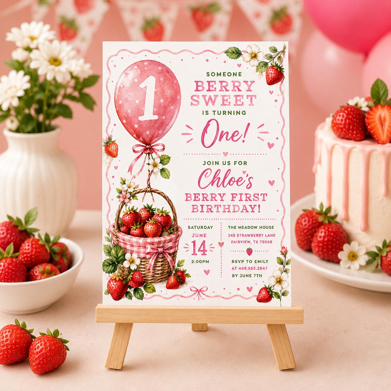 Editable Strawberry Berry First Birthday Invitation Canva Template, Pink Blush Girls Kids Cute Fun Party Invite, Printable Digital Download.