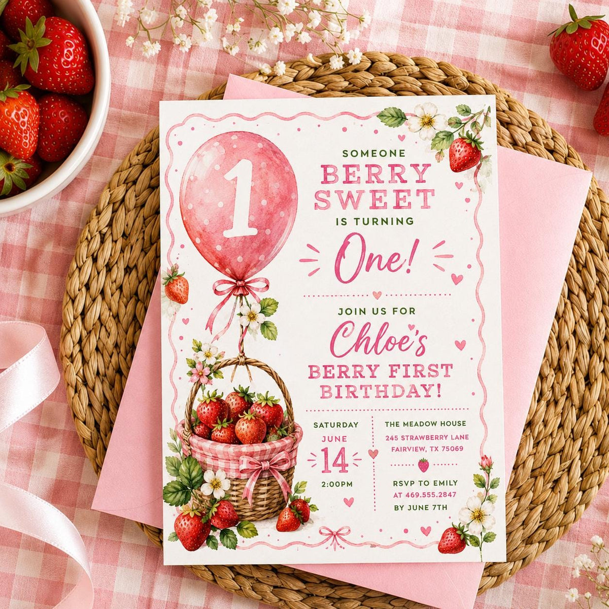 Editable Strawberry Berry First Birthday Invitation Canva Template, Pink Blush Girls Kids Cute Fun Party Invite, Printable Digital Download.