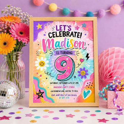 Editable Retro Birthday Invitation Canva Template, Girls Retro Groovy Cute Fun DIY Sweet Chic Kids Party Invite, Printable Digital Download.
