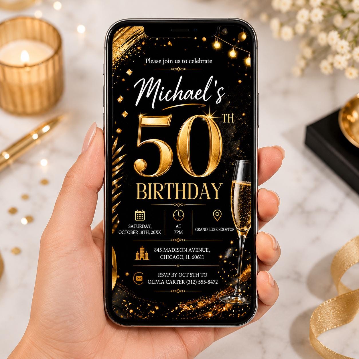 Editable Elegant Birthday Invitation Canva Template, Gold Black Boys Adult Cute Fun DIY Sweet Chic Party Invite, Printable Digital Download.