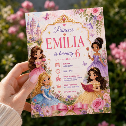 Editable Princess Birthday Invitation Canva Template, Girls Cute Modern Fun Themed Custom DIY Chic Party Invite, Printable Digital Download.