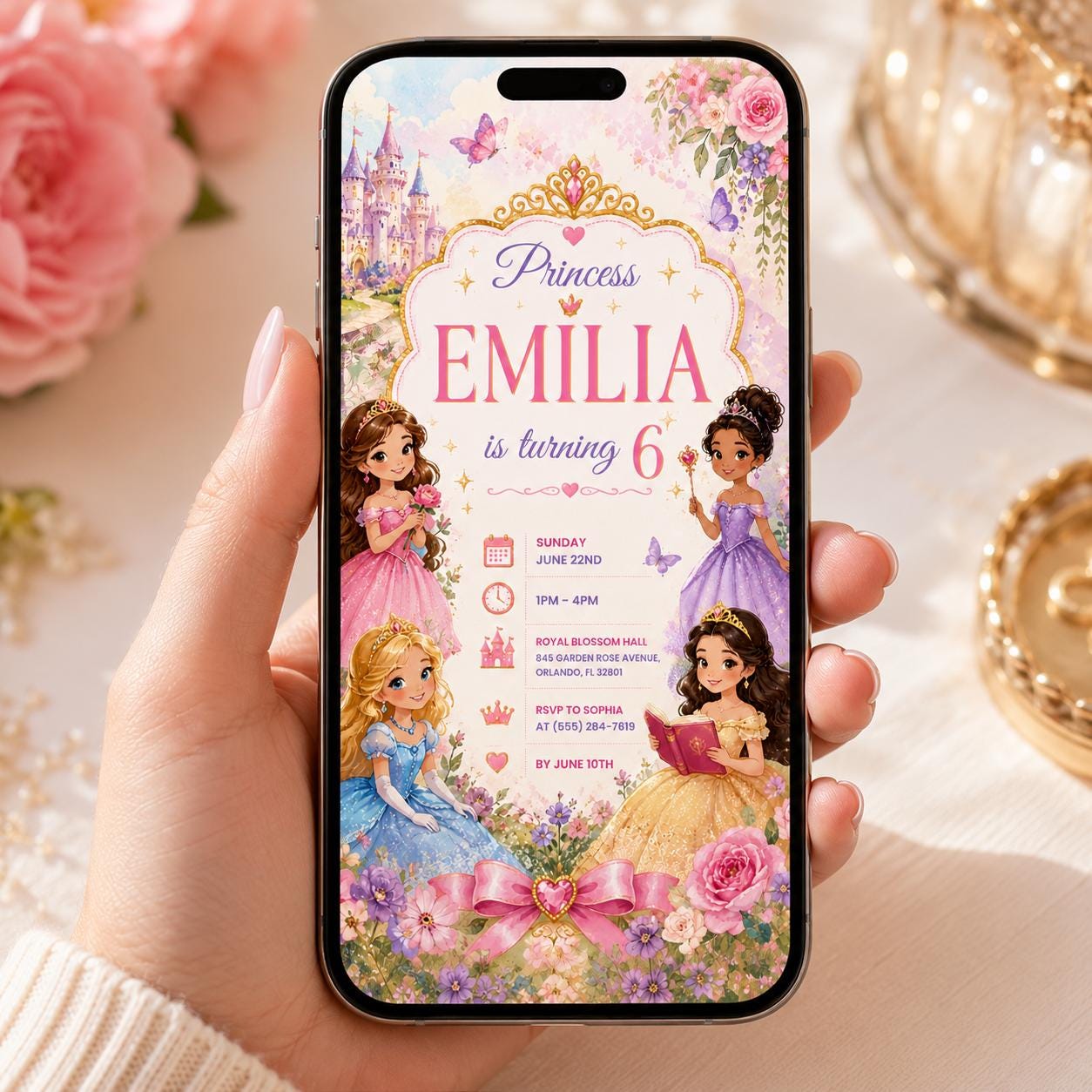 Editable Princess Birthday Invitation Canva Template, Girls Cute Modern Fun Themed Custom DIY Chic Party Invite, Printable Digital Download.