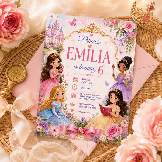 Editable Princess Birthday Invitation Canva Template, Girls Cute Modern Fun Themed Custom DIY Chic Party Invite, Printable Digital Download.