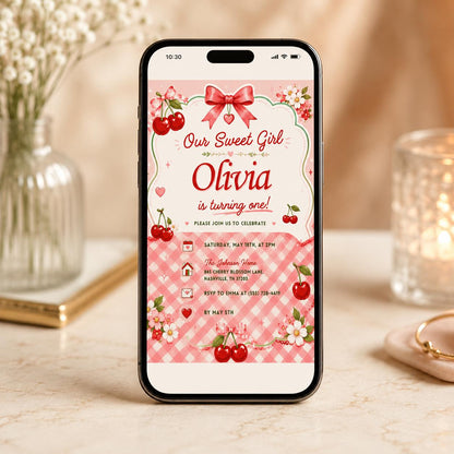 Editable Cherry Birthday Invitation Canva Template, Floral Girls Kids Cute Fun DIY Sweet Chic Teen Party Invite, Printable Digital Download.