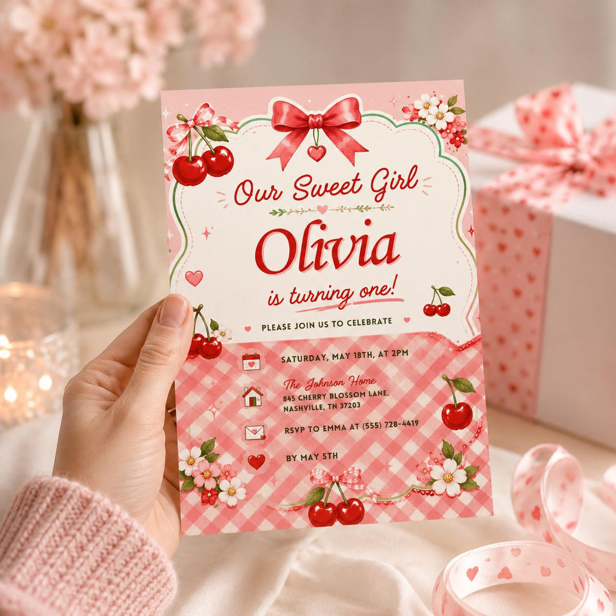 Editable Cherry Birthday Invitation Canva Template, Floral Girls Kids Cute Fun DIY Sweet Chic Teen Party Invite, Printable Digital Download.