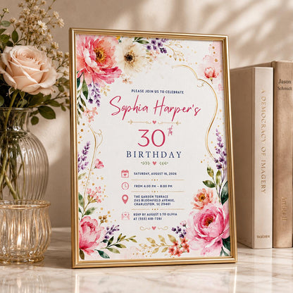 Editable Floral Birthday Invitation Canva Template, Pink Gold Black White Luxury Cute Fun DIY Chic Party Invite, Printable Digital Download.