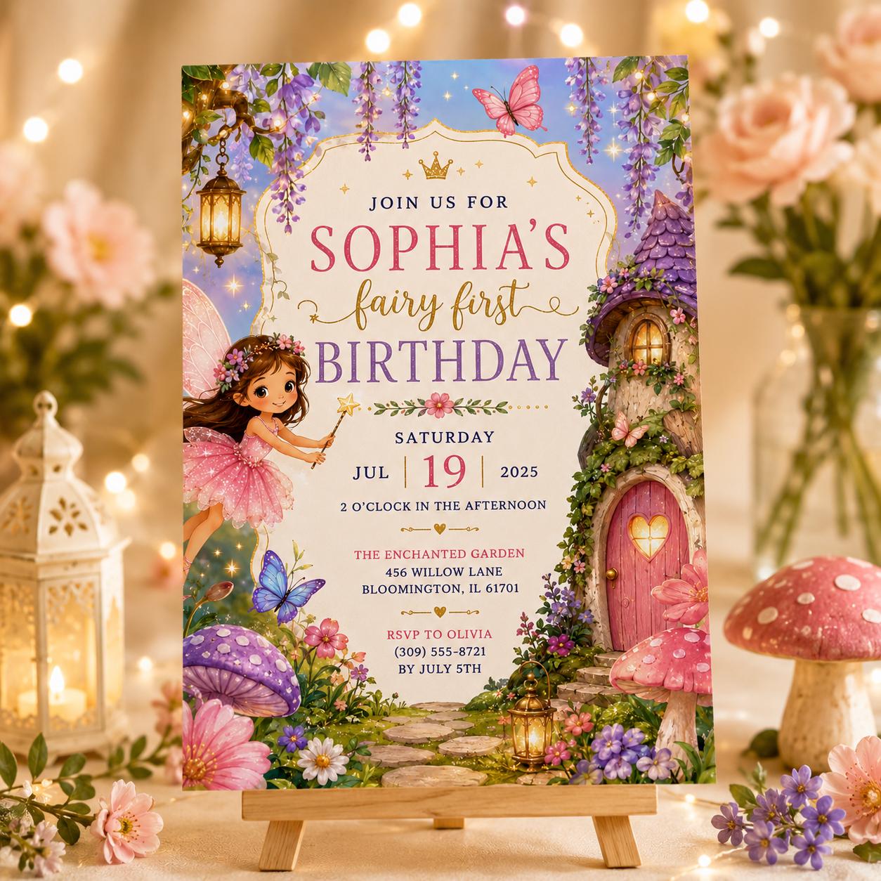 Editable Fairy Garden Birthday Invitation Canva Template, Girls Kids Fairy Cute Fun DIY Sweet Chic Party Invite, Printable Digital Download.