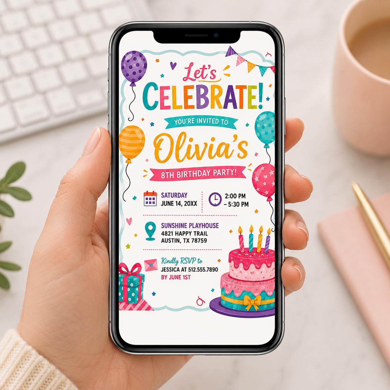 Editable Let Celebrate Birthday Invitation Canva Template, Girls Cute Fun DIY Sweet Chic Kids Teen Party Invite, Printable Digital Download.