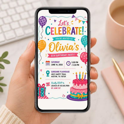 Editable Let Celebrate Birthday Invitation Canva Template, Girls Cute Fun DIY Sweet Chic Kids Teen Party Invite, Printable Digital Download.