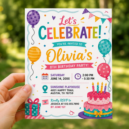 Editable Let Celebrate Birthday Invitation Canva Template, Girls Cute Fun DIY Sweet Chic Kids Teen Party Invite, Printable Digital Download.