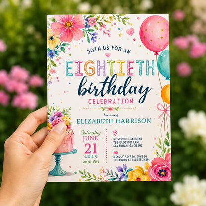 Editable Floral Birthday Invitation Canva Template, Purple Red Girls Teens Adult Cute Fun DIY Chic Party Invite, Printable Digital Download.