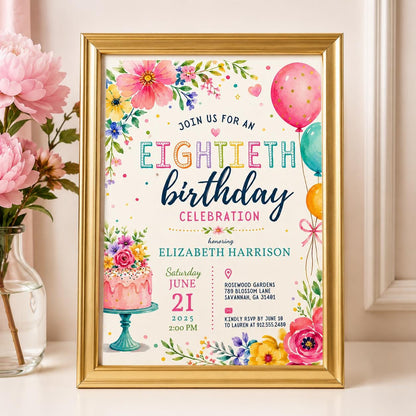 Editable Floral Birthday Invitation Canva Template, Purple Red Girls Teens Adult Cute Fun DIY Chic Party Invite, Printable Digital Download.