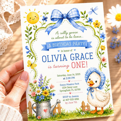 Editable Silly Goose Birthday Invitation Canva Template, Girls Cute Modern Fun DIY Sweet Chic Kids Party Invite, Printable Digital Download.