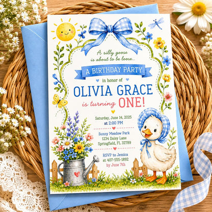 Editable Silly Goose Birthday Invitation Canva Template, Girls Cute Modern Fun DIY Sweet Chic Kids Party Invite, Printable Digital Download.