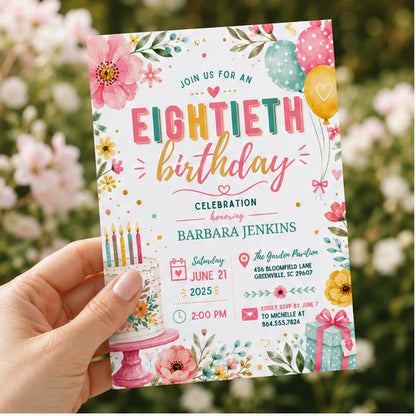 Editable Floral Birthday Invitation Canva Template, Gold Cream Pastel Adult Cute Fun DIY Chic Kids Party Invite, Printable Digital Download.