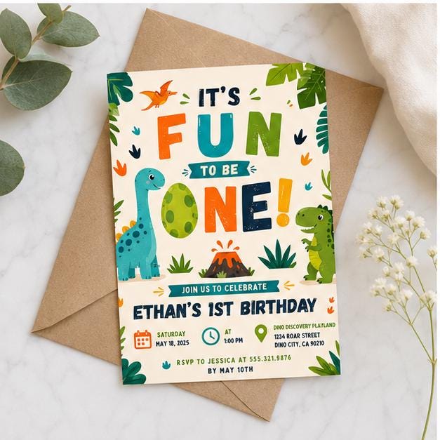 Editable Dinosaur Birthday Invitation Canva Template, Boys Kids Dino Cute Modern Fun DIY Chic Teen Party Invite, Printable Digital Download.